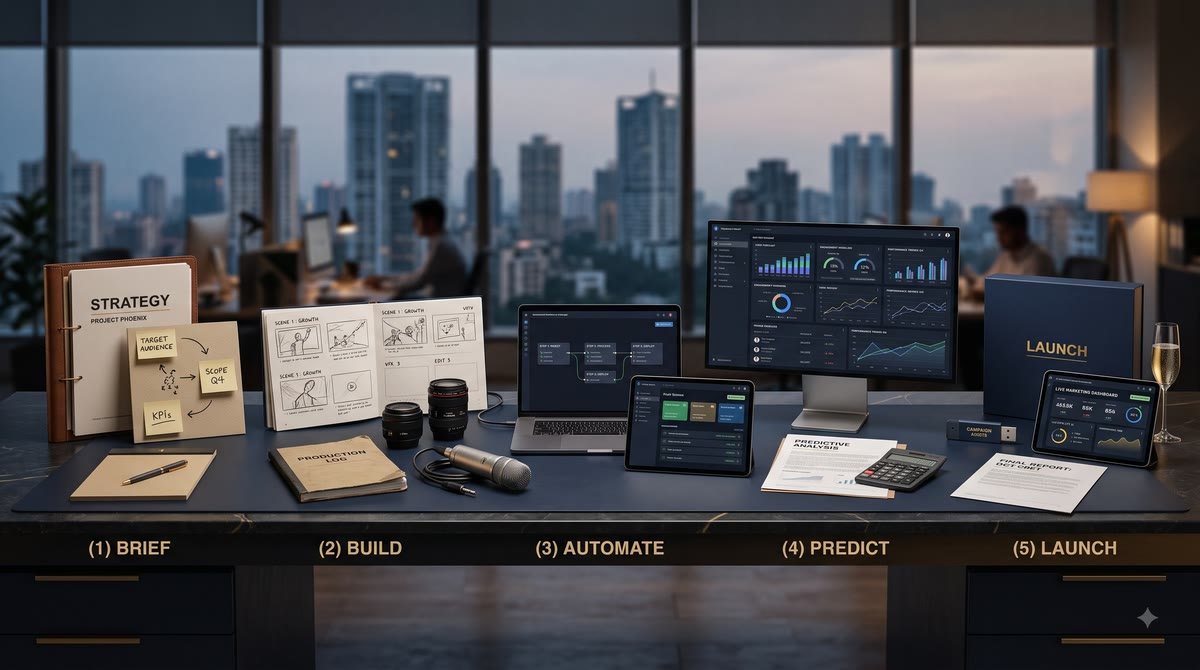 A desk laid out in five stages: brief documents, storyboard pages, an automation workflow screen, a predictive-analysis report, and a launch package.